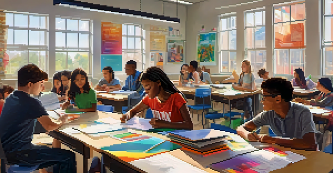 A lively classroom filled with diverse students collaborating on a project, surrounded by colorful educational materials and bright sunlight.