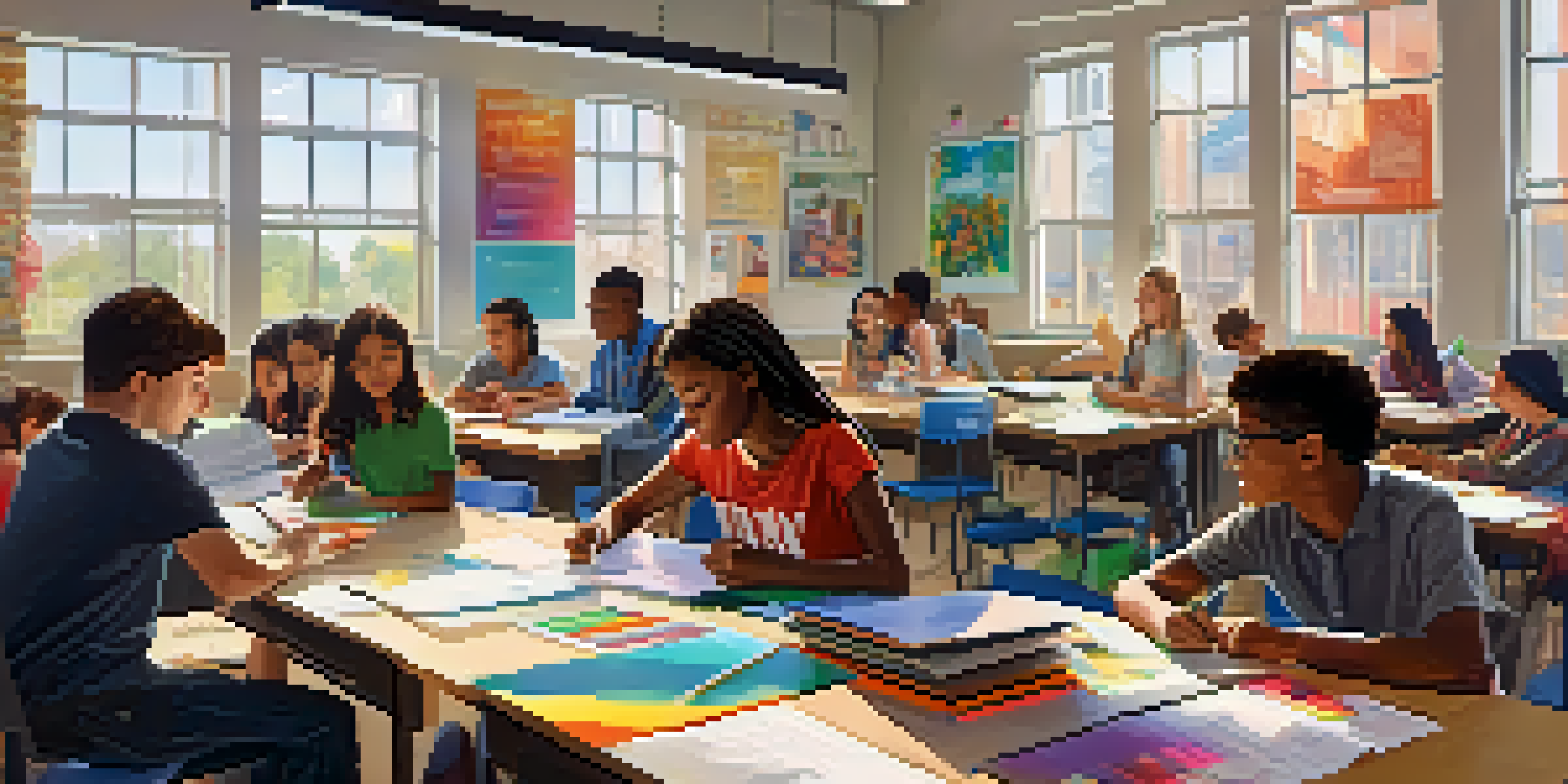 A lively classroom filled with diverse students collaborating on a project, surrounded by colorful educational materials and bright sunlight.