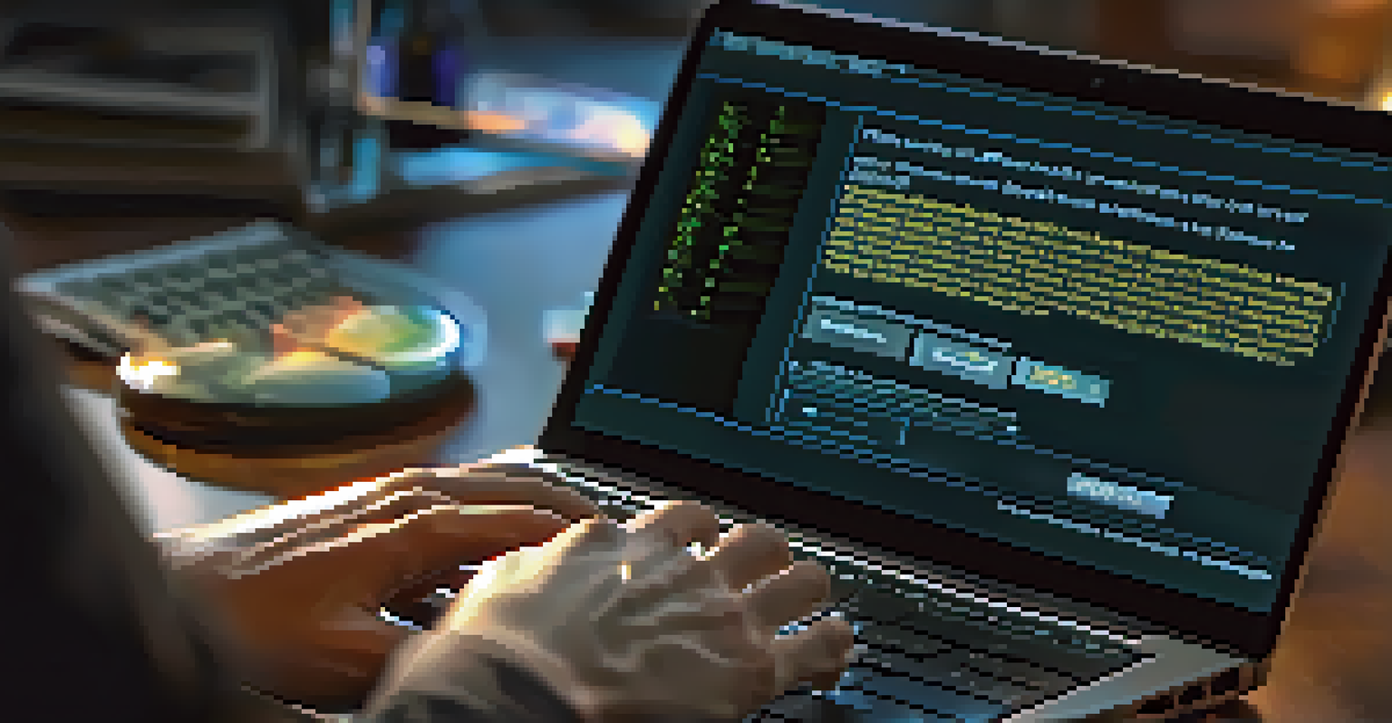 A close-up of a hand typing a complex password on a backlit laptop keyboard, with a warning on the screen about password security.