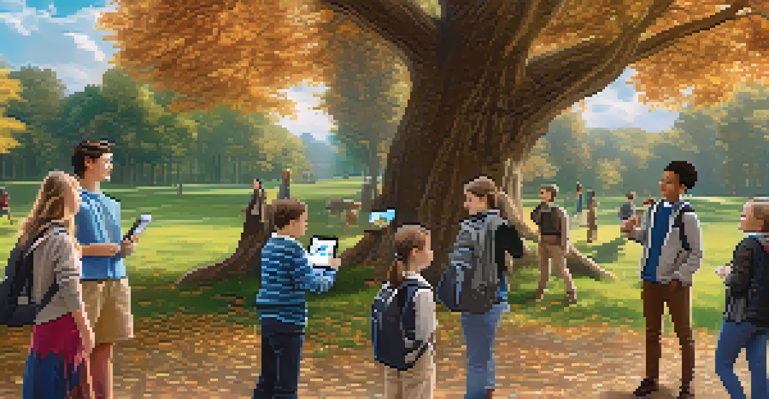 Students on a field trip using Augmented Reality to interact with holographic projections of historical figures at a landmark.