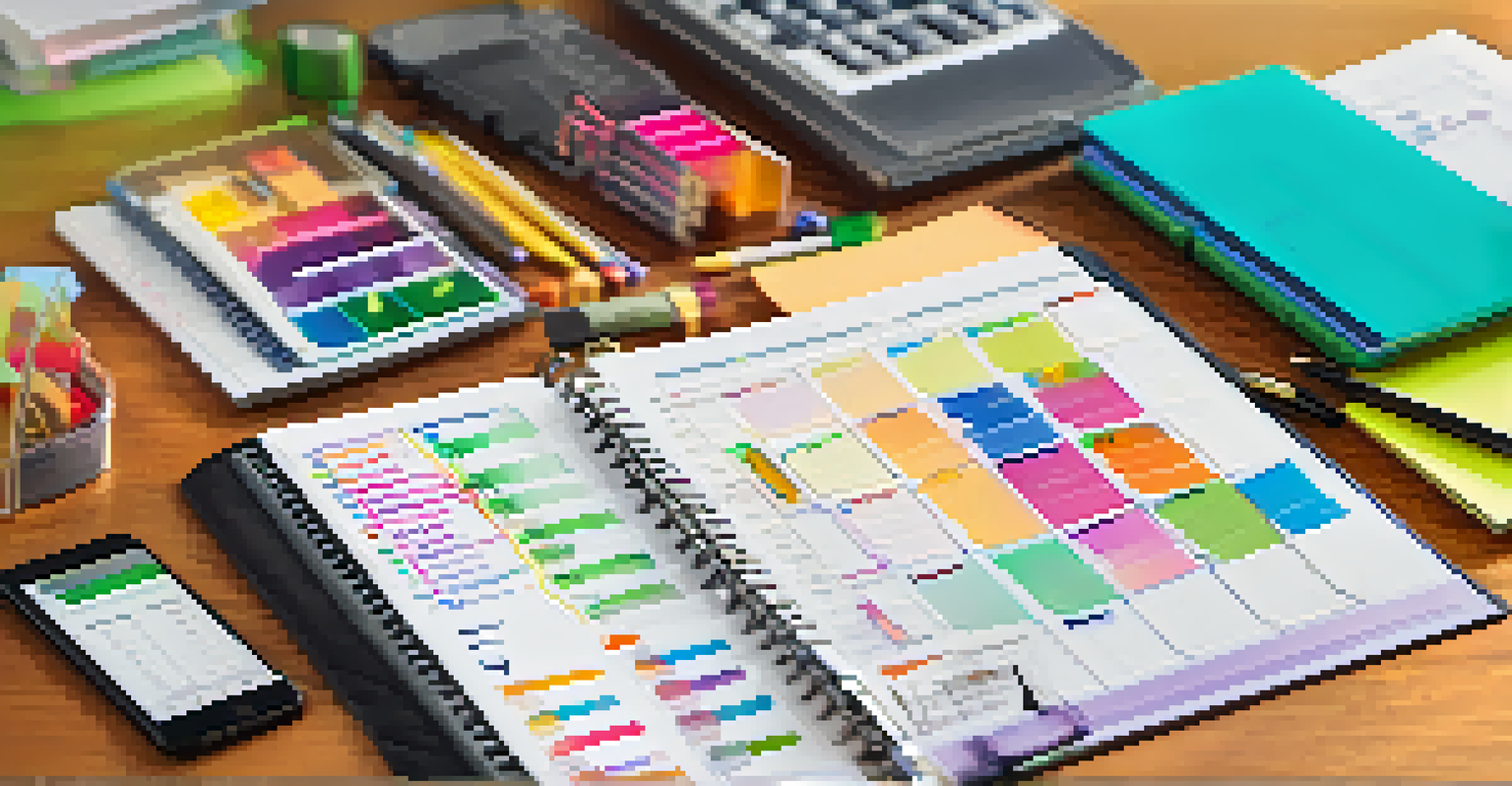 A budget planner with colorful charts and notes, surrounded by stationery in a bright home office setting.