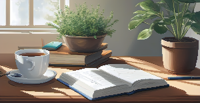 A clean study space with an open journal, a plant, and a cup of tea, creating a peaceful atmosphere for learning.