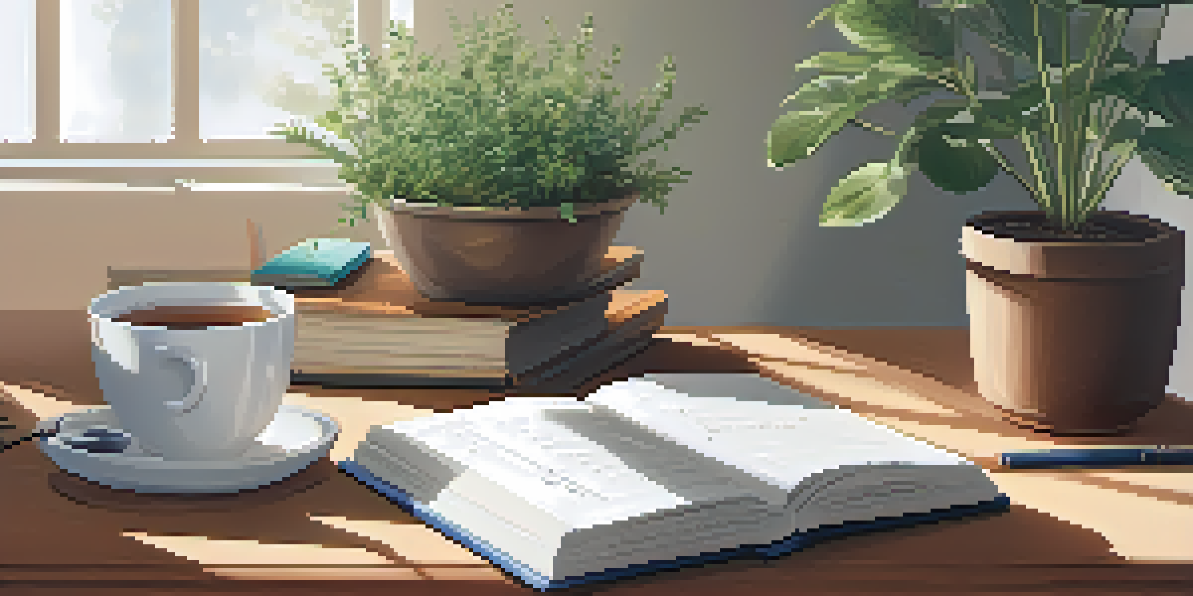 A clean study space with an open journal, a plant, and a cup of tea, creating a peaceful atmosphere for learning.