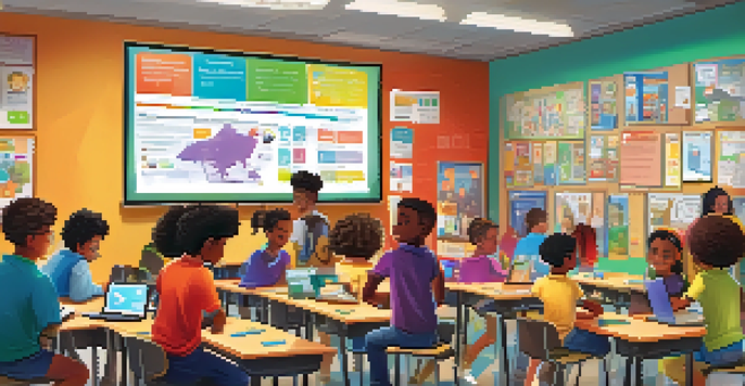 A colorful classroom where diverse students interact with gamified learning tools, featuring posters, games, and a digital leaderboard.