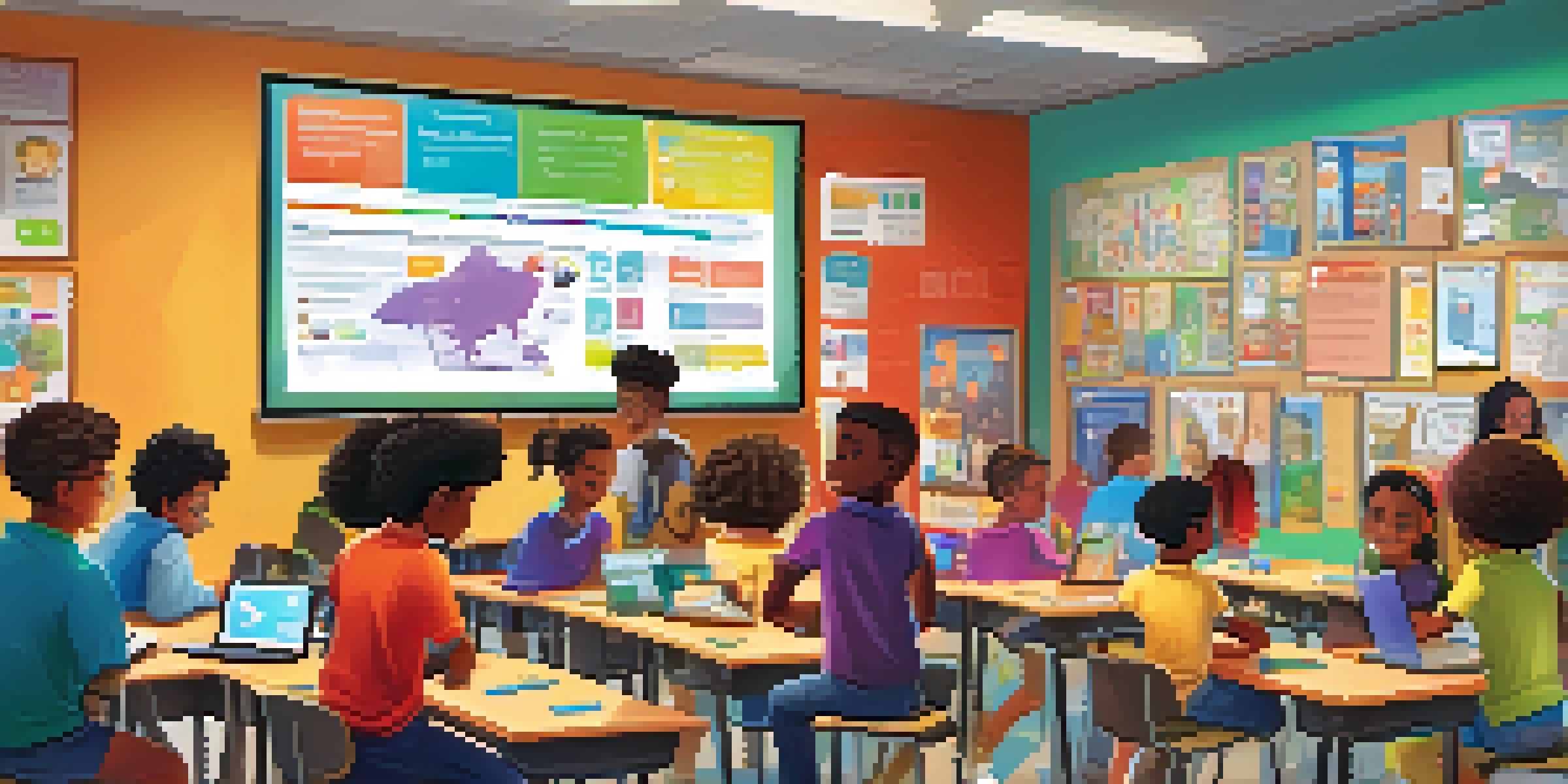 A colorful classroom where diverse students interact with gamified learning tools, featuring posters, games, and a digital leaderboard.
