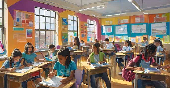 A lively classroom with students of different backgrounds collaborating on laptops and tablets, surrounded by colorful educational posters and bright natural light.
