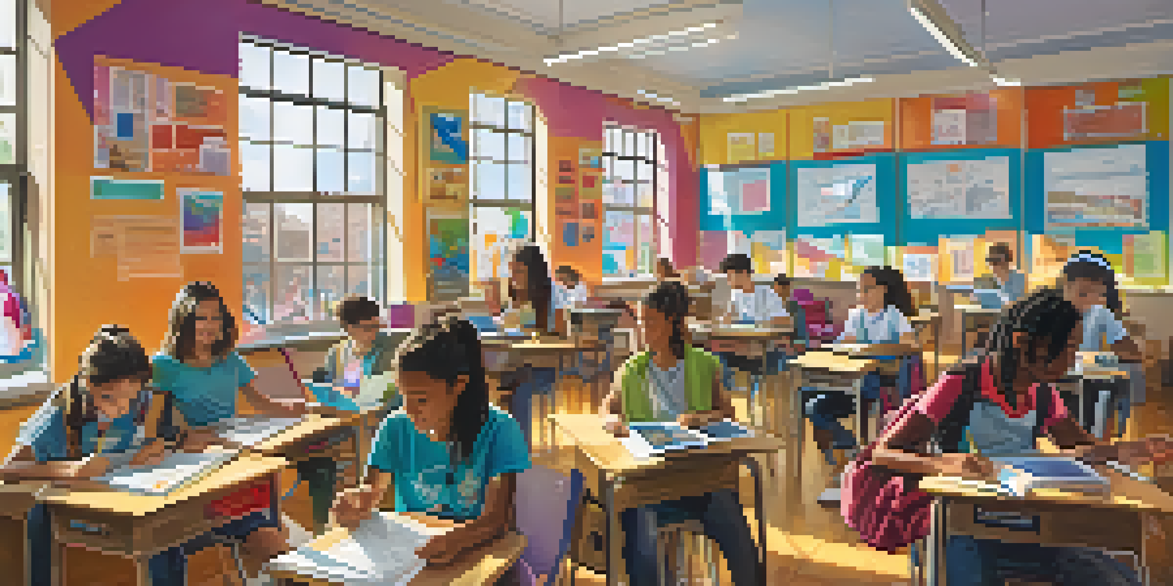 A lively classroom with students of different backgrounds collaborating on laptops and tablets, surrounded by colorful educational posters and bright natural light.