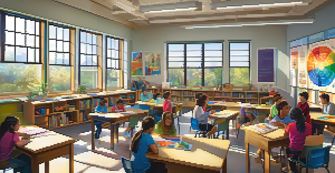 A lively classroom with students collaborating at a large table, surrounded by colorful educational materials and bright sunlight coming through the windows.
