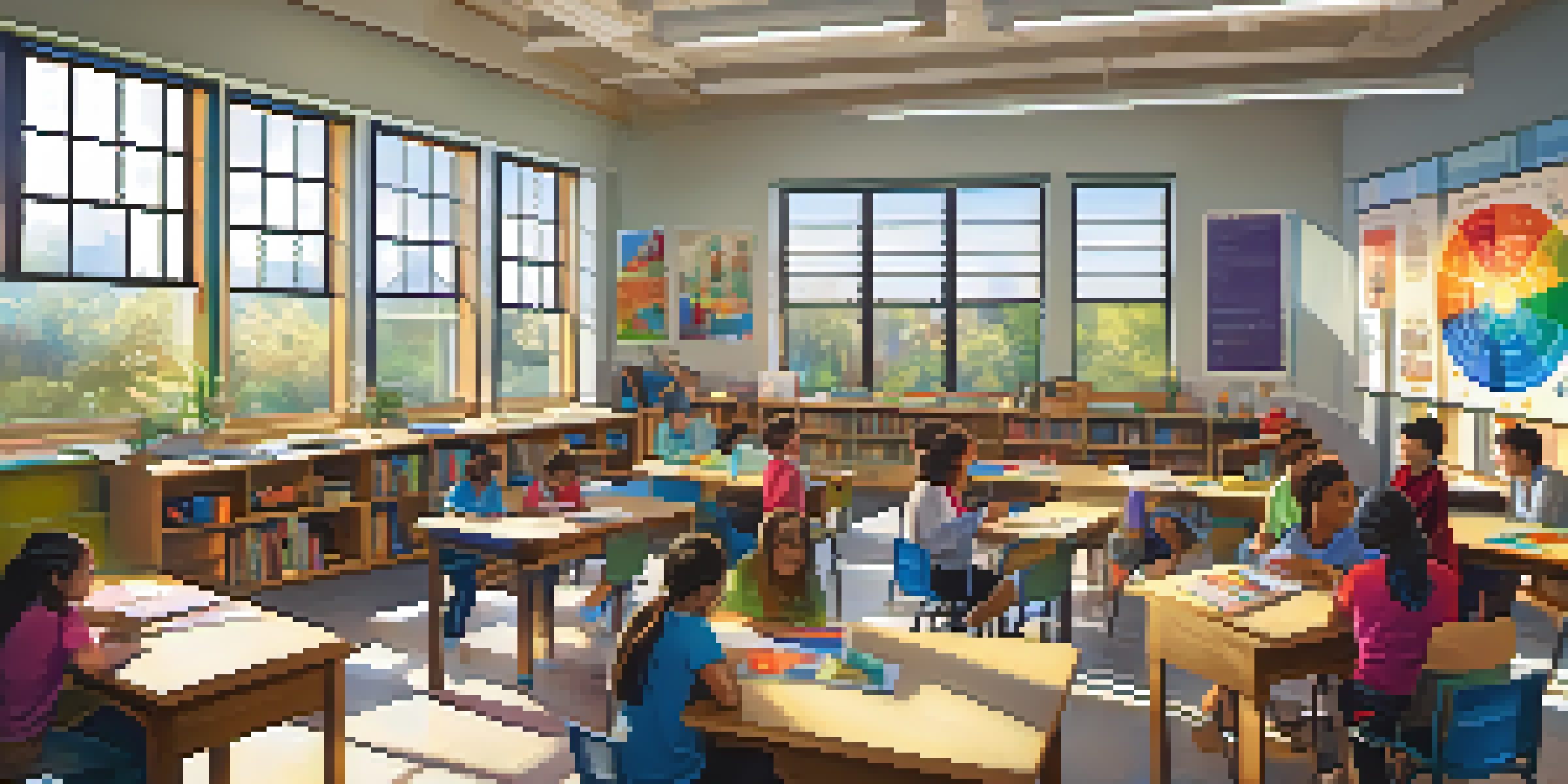 A lively classroom with students collaborating at a large table, surrounded by colorful educational materials and bright sunlight coming through the windows.