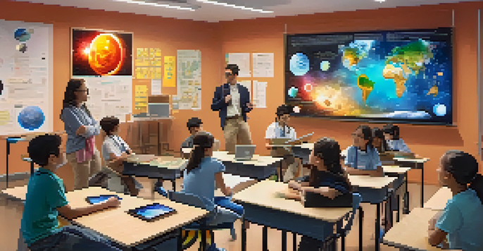 A vibrant classroom where students are using augmented reality technology to learn about the solar system, with holographic images and a teacher facilitating the lesson.