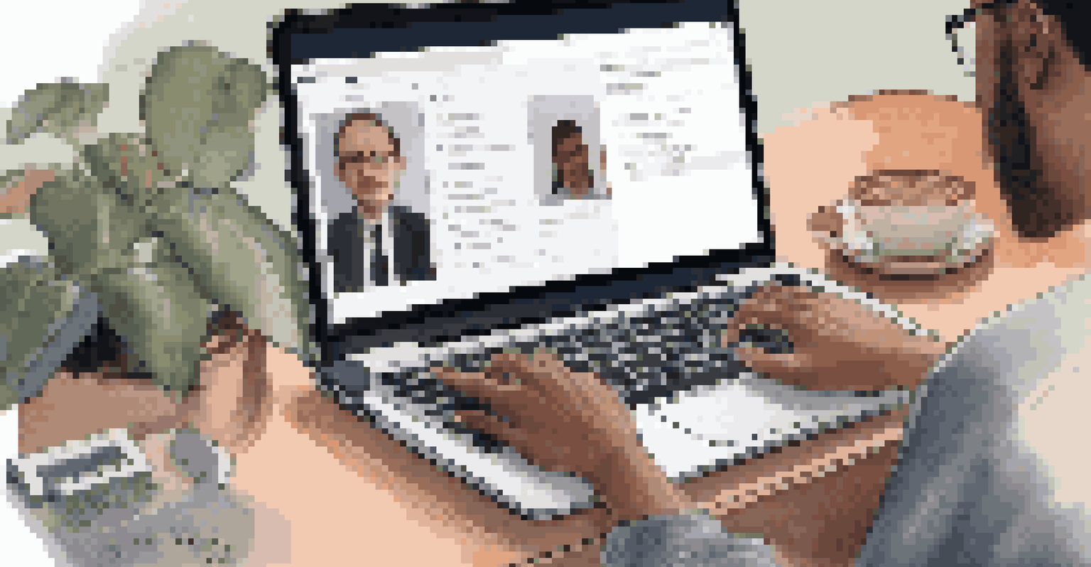 Close-up of hands typing on a laptop during an online discussion, with a video call visible on the screen.
