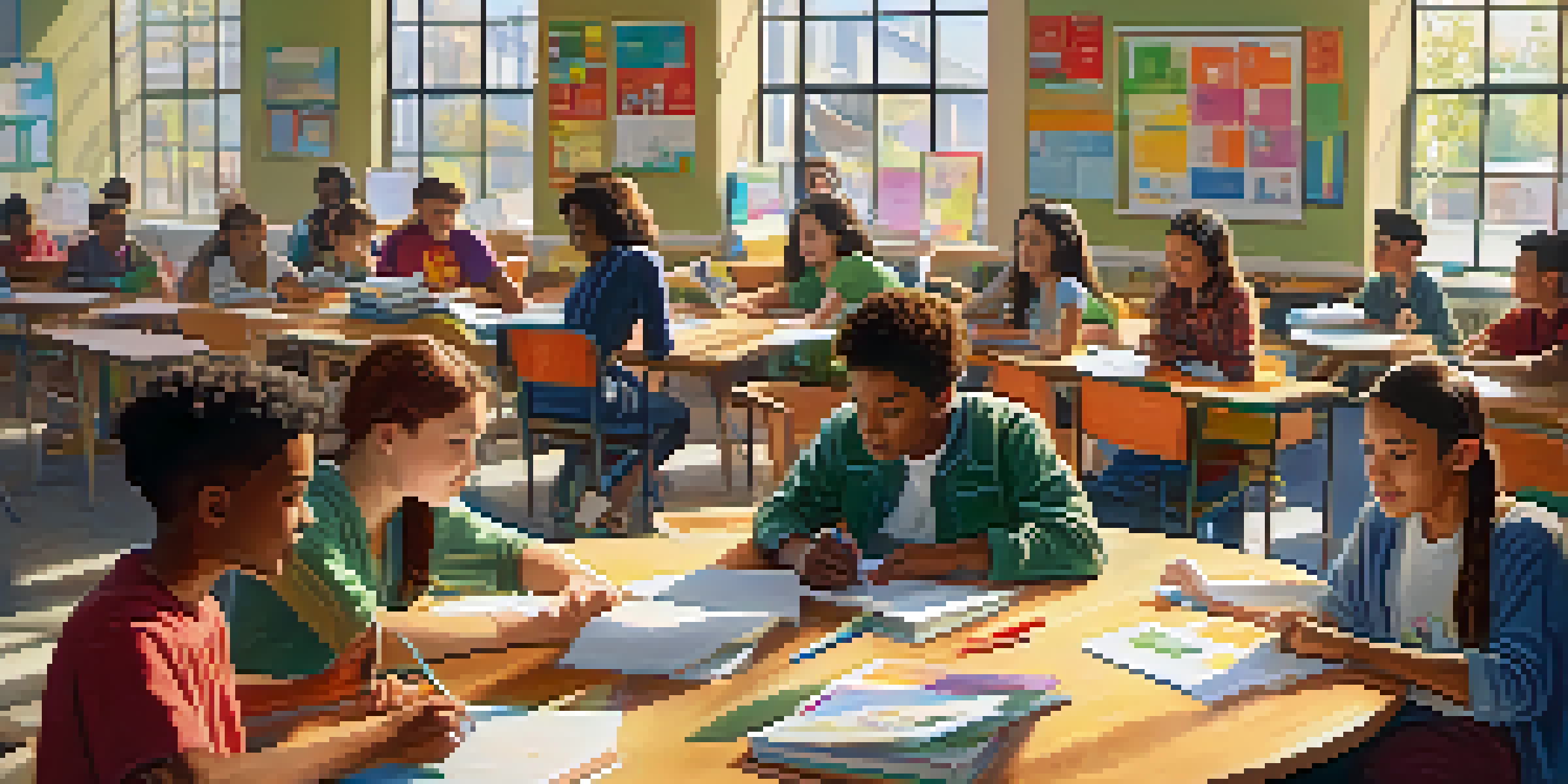 A diverse group of students working together in a bright classroom, engaged in discussion around a circular desk arrangement.