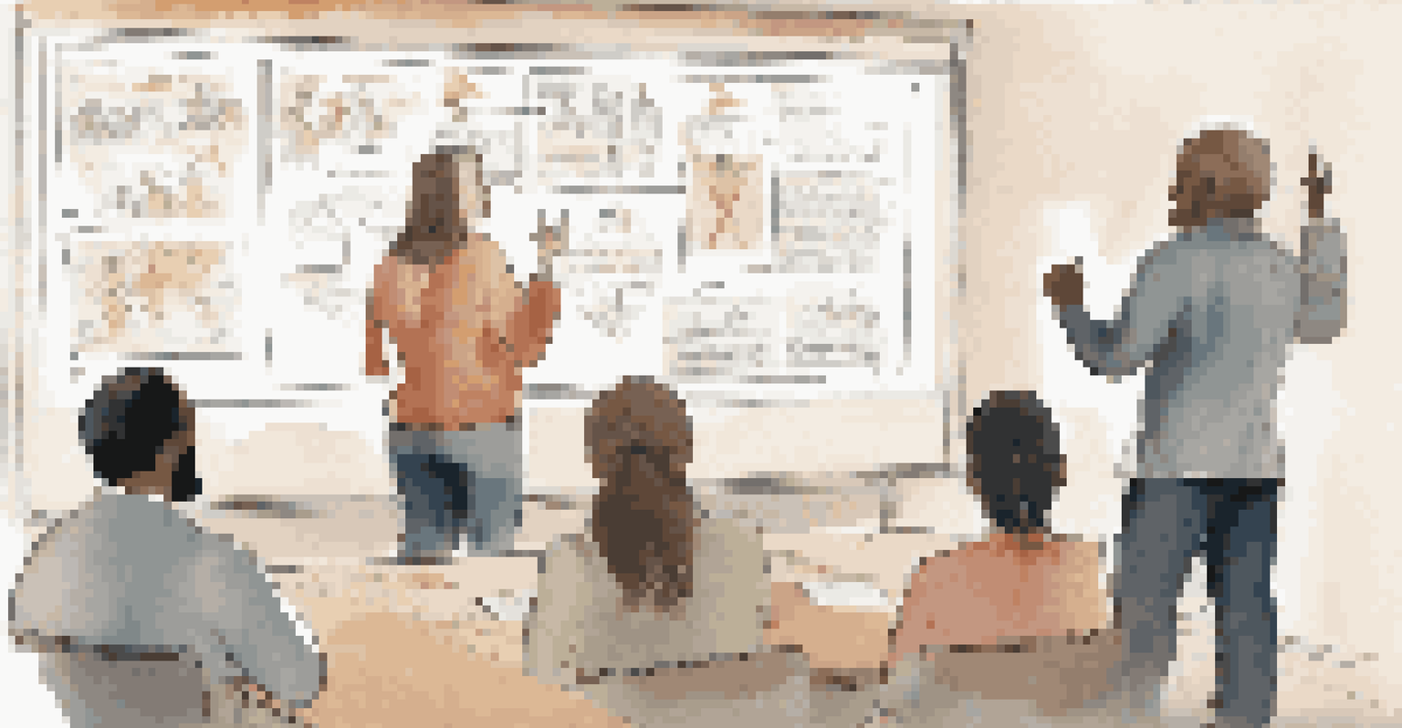 An instructor leading a workshop with participants engaged and raising their hands, surrounded by cultural artifacts and learning materials.