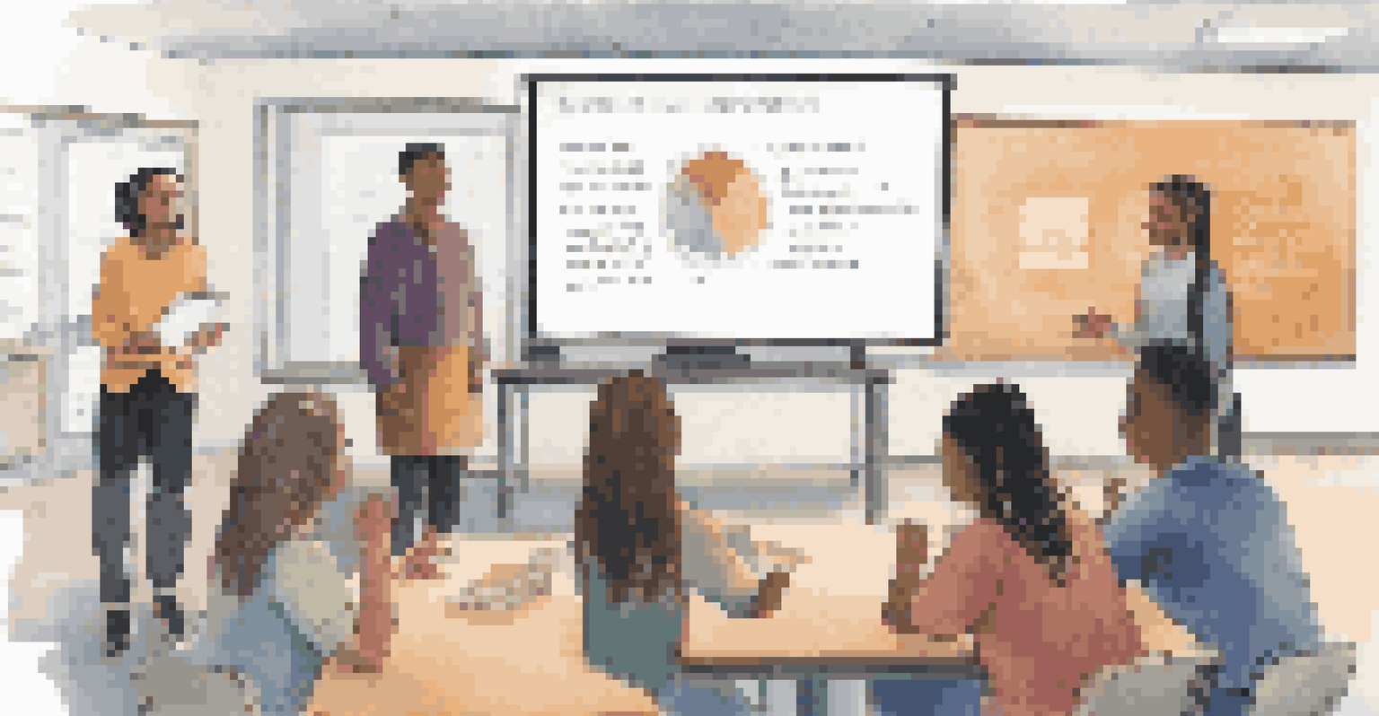 A teacher and students in a modern classroom discussing ethical guidelines for educational technology, with a digital screen showing privacy and equity topics.