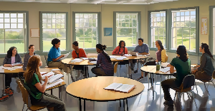 A diverse group of adult learners in a bright classroom, engaging in discussion with an educator, surrounded by books and laptops.