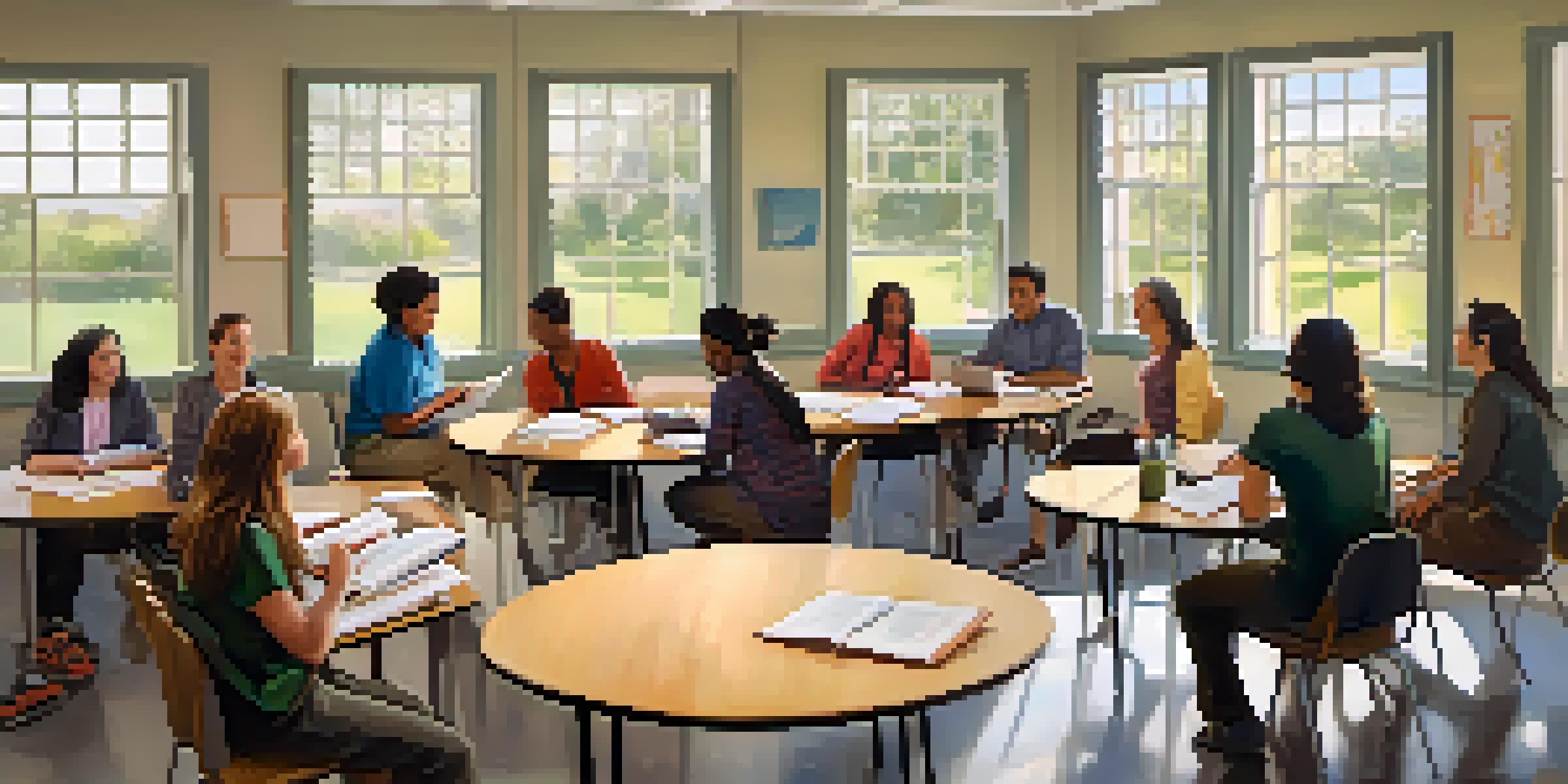 A diverse group of adult learners in a bright classroom, engaging in discussion with an educator, surrounded by books and laptops.