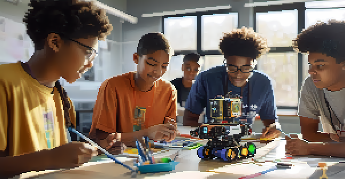 A group of diverse students working together on a robotics project in a bright classroom filled with colorful materials.