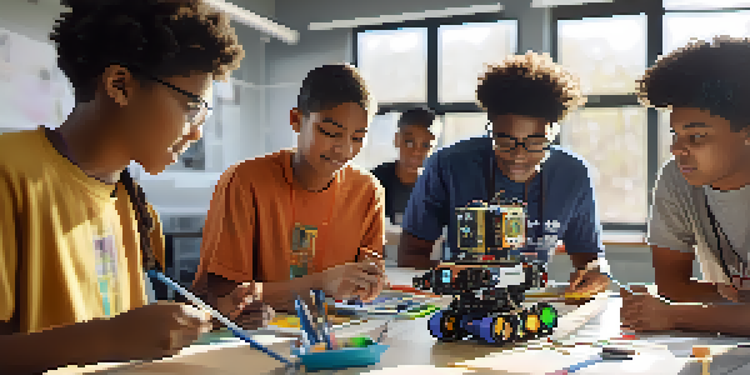 A group of diverse students working together on a robotics project in a bright classroom filled with colorful materials.