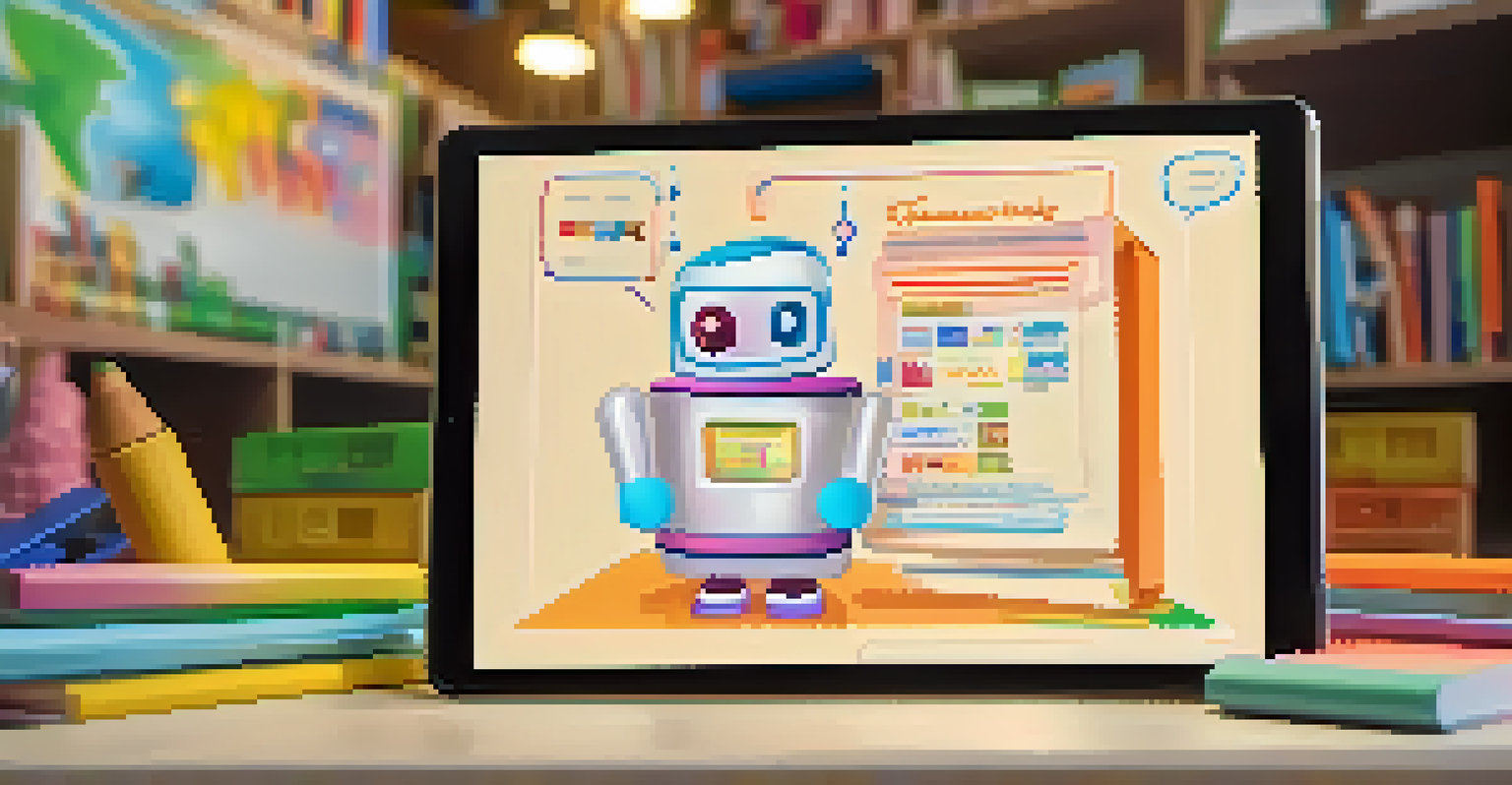 An AI chatbot interface on a tablet among educational materials, illustrating language development for children.