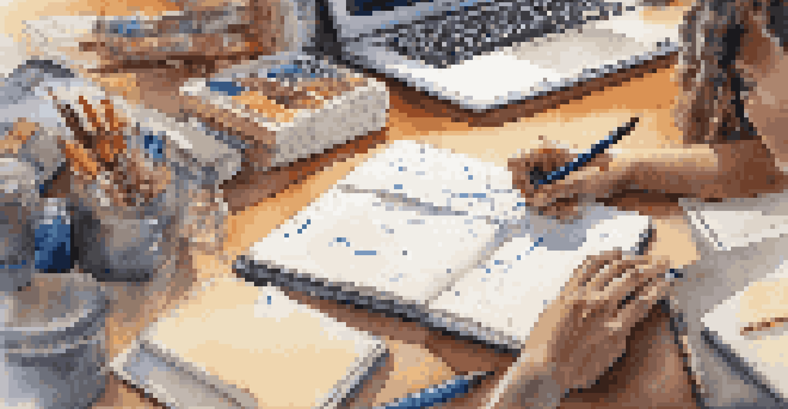 A close-up of a student's hands writing in a notebook, with books, a laptop, and art supplies on a desk, illuminated by warm sunlight.