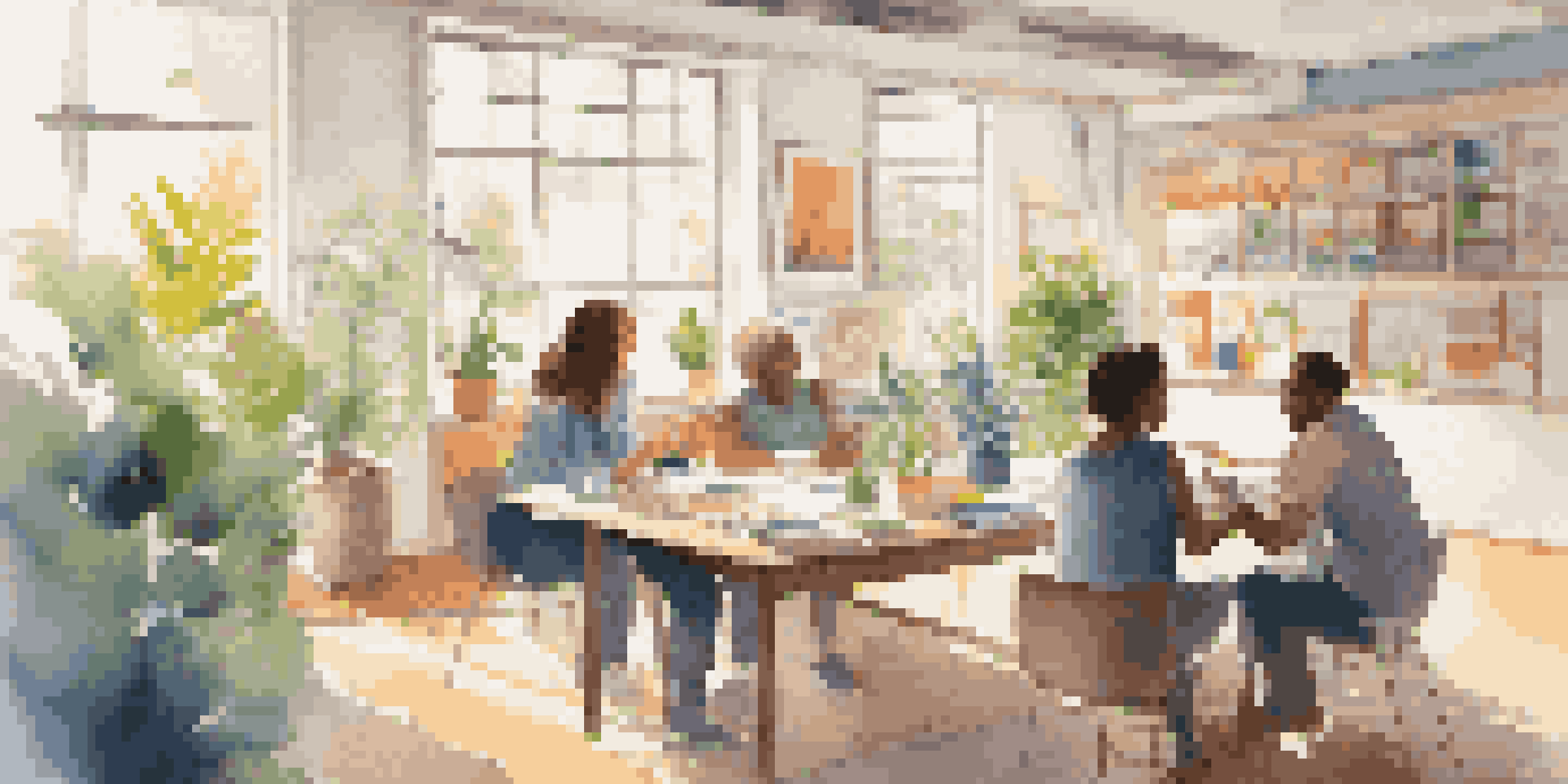 A mentor and a mentee engaged in a creative discussion in a bright classroom filled with art supplies and plants.