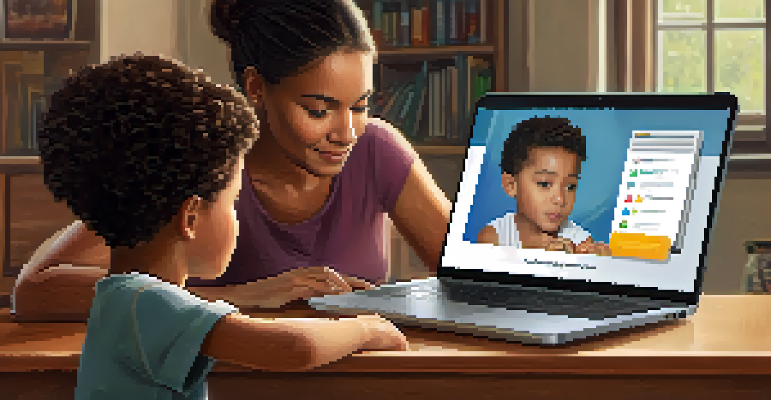 A parent and child looking at a laptop screen together, discussing data privacy in education. The background is a comfortable home setting.