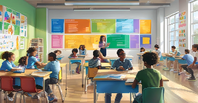 A vibrant classroom with diverse students using tablets for personalized learning, a teacher facilitating, and colorful educational posters.