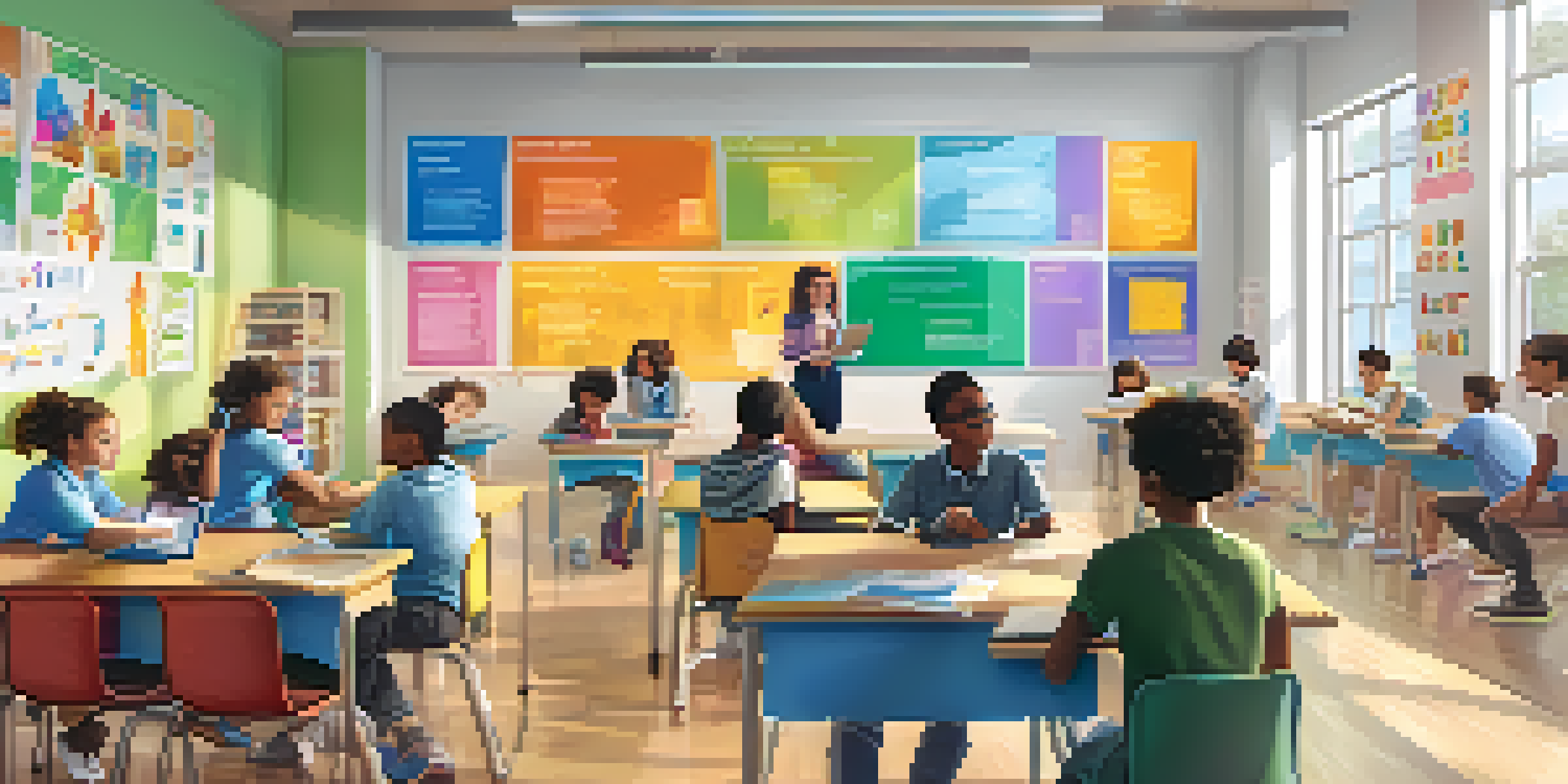 A vibrant classroom with diverse students using tablets for personalized learning, a teacher facilitating, and colorful educational posters.