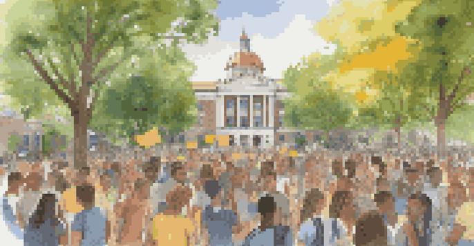 A sunny university campus with diverse students discussing social justice, holding protest signs, and colorful banners in the background.