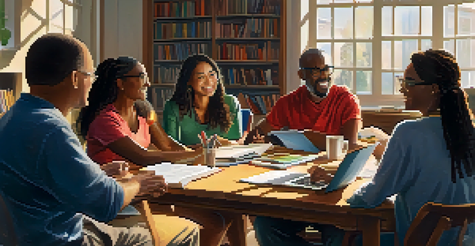 A diverse group of adult learners sitting around a table, discussing while surrounded by books and laptops, with sunlight illuminating the scene.