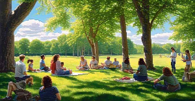A diverse group of adults participating in an outdoor workshop in a green meadow under a blue sky, with sunlight filtering through the trees.