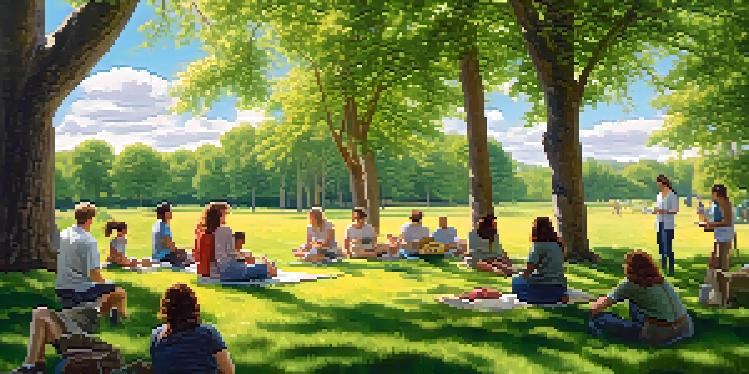 A diverse group of adults participating in an outdoor workshop in a green meadow under a blue sky, with sunlight filtering through the trees.