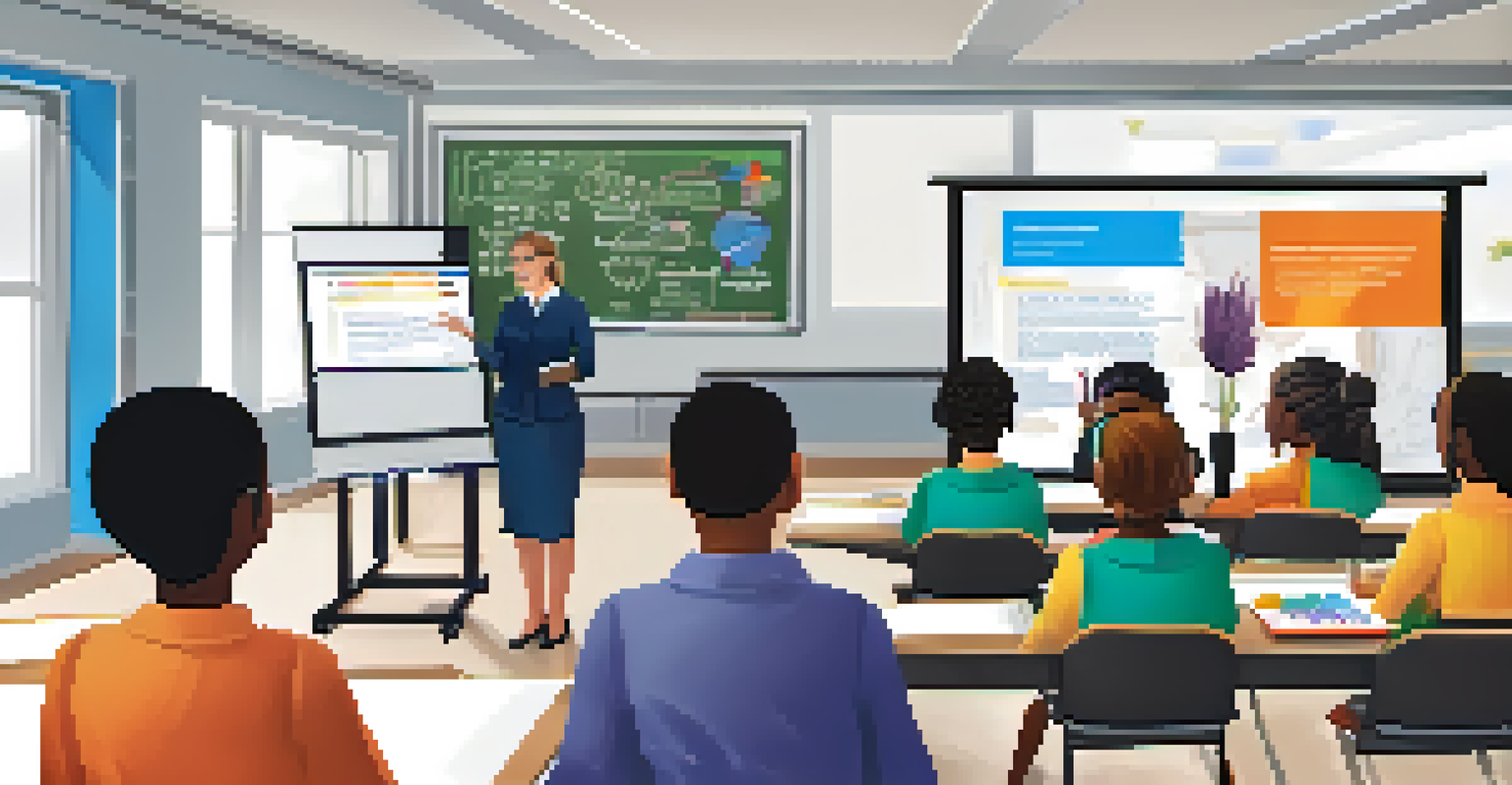An educator explaining the SAMR model on a smart board while students take notes on laptops in a modern classroom filled with technology.