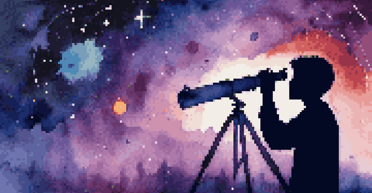 A silhouette of a student looking through a telescope at a colorful night sky filled with stars and planets.