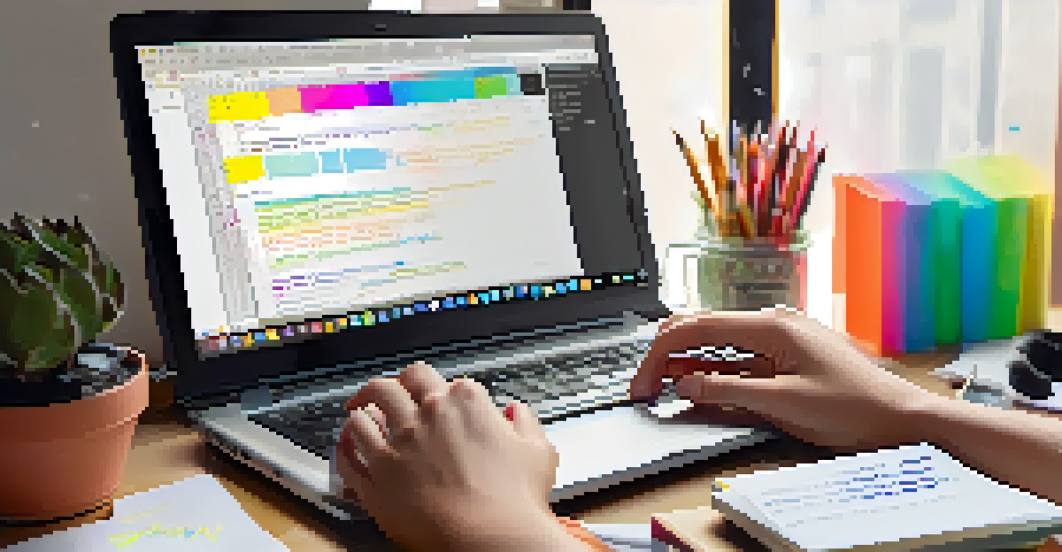A close-up view of a student's hands typing on a laptop, with handwritten notes and sticky notes on the desk, illuminated by soft daylight.