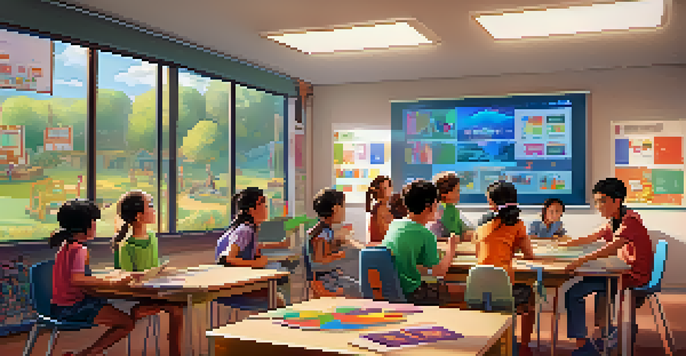 Students of diverse backgrounds collaborating in a colorful classroom while playing an educational game on a large screen.