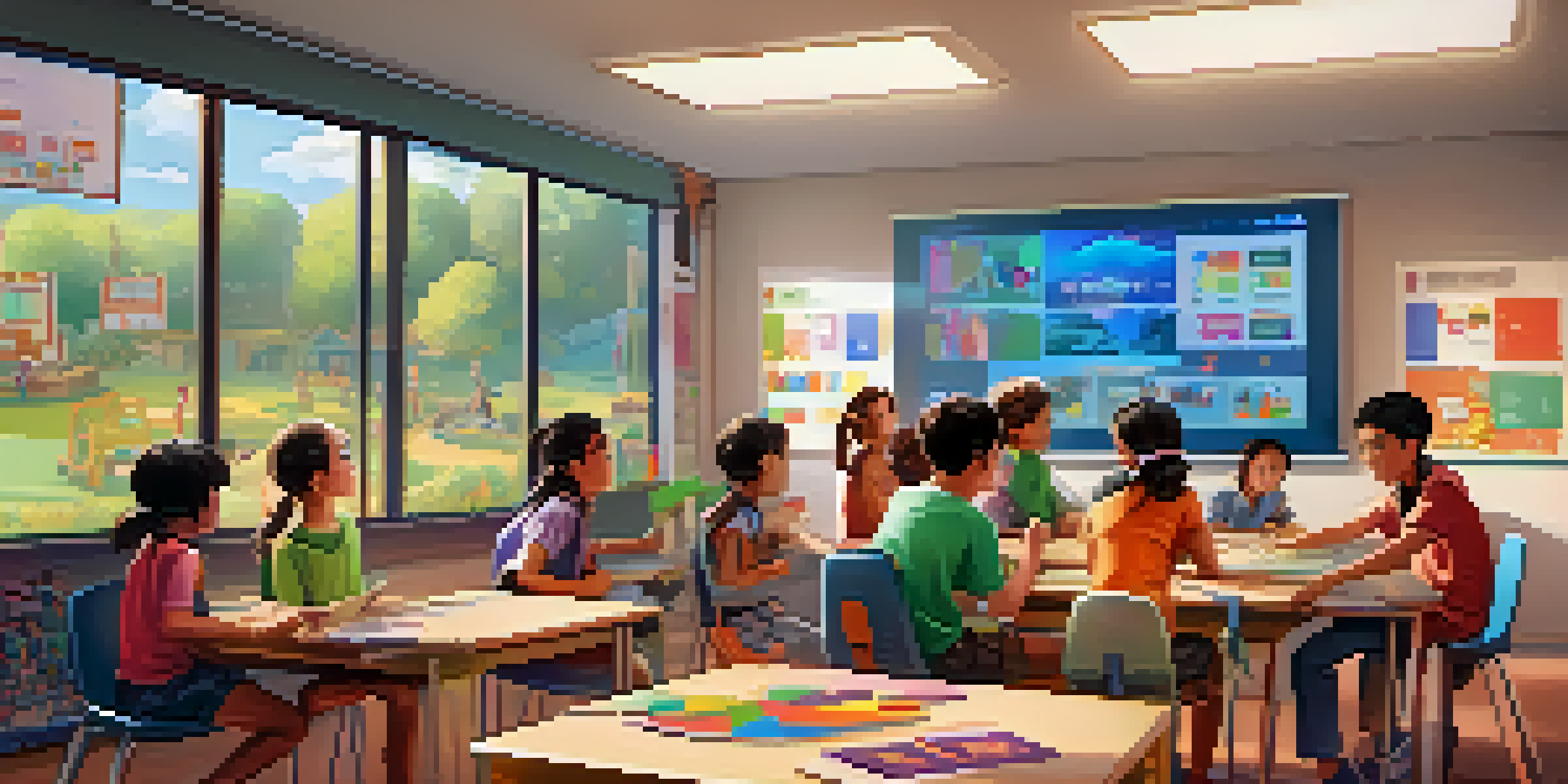 Students of diverse backgrounds collaborating in a colorful classroom while playing an educational game on a large screen.