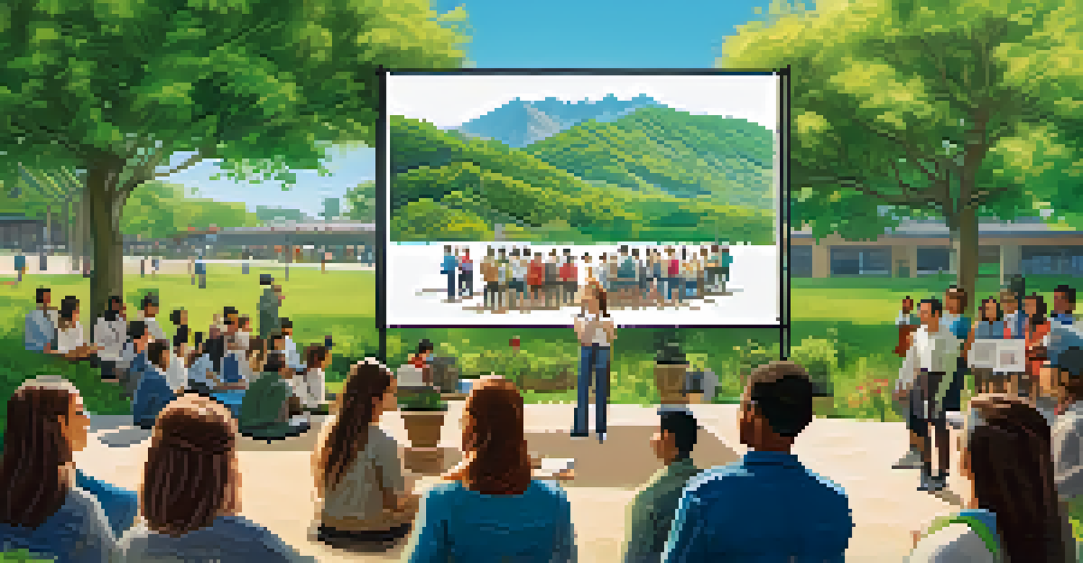 University students presenting their community project results to engaged local residents in an outdoor setting.