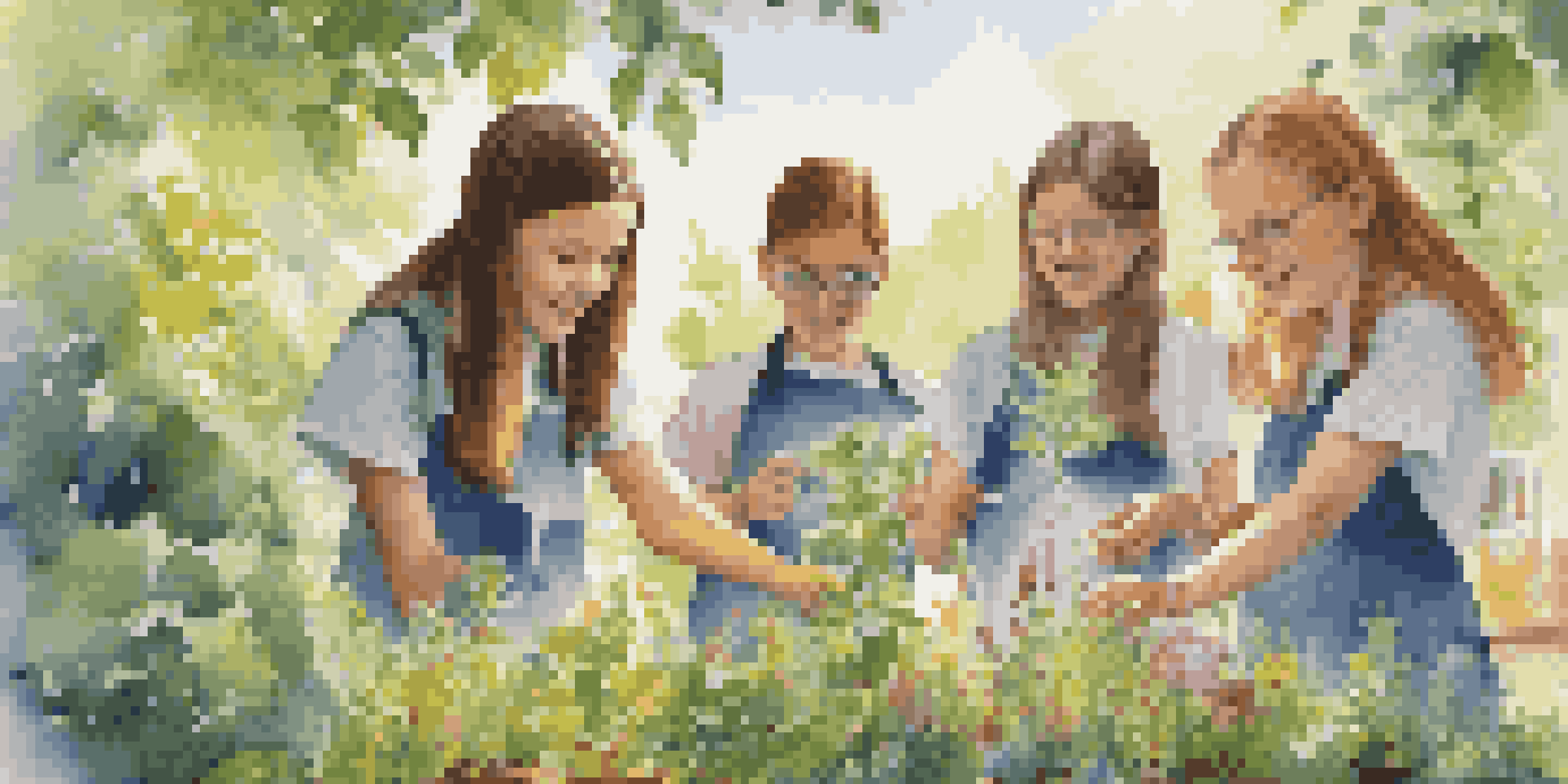 Students conducting a science experiment outdoors, observing a small ecosystem in a glass container, with colorful flowers and greenery around them.