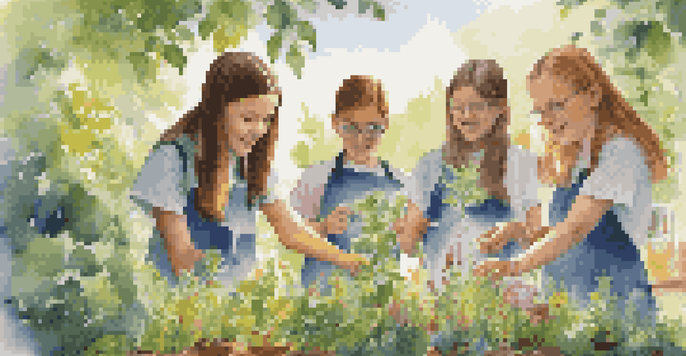 Students conducting a science experiment outdoors, observing a small ecosystem in a glass container, with colorful flowers and greenery around them.