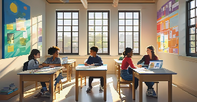 A bright classroom with diverse students working together, promoting collaboration and a growth mindset.