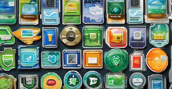 A virtual dashboard showcasing colorful digital badges representing various skills.