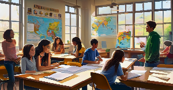 A lively classroom where students are working together on a project, surrounded by colorful decorations and sunlight coming through the windows.