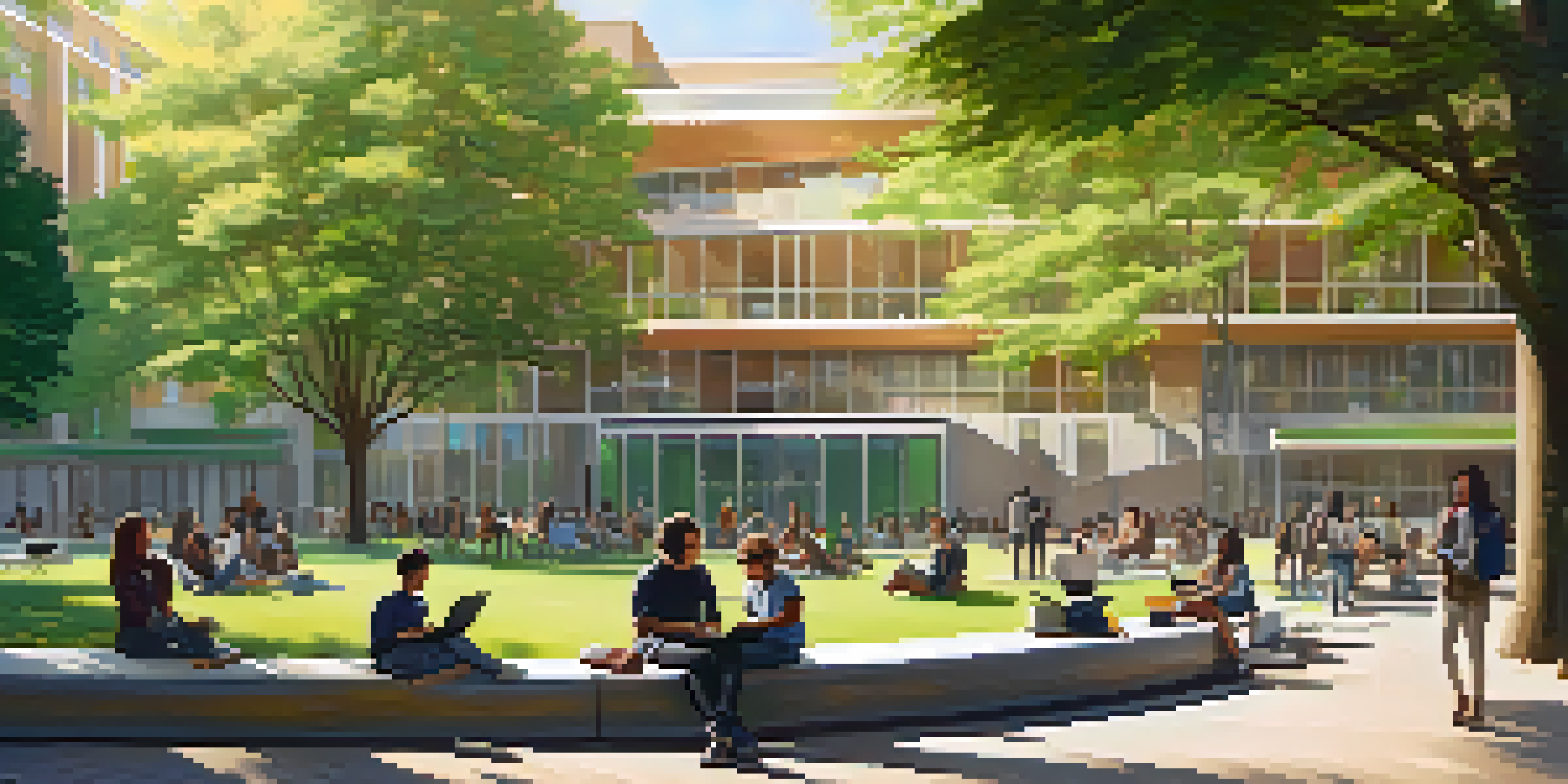 A vibrant university campus with students of various backgrounds studying together, surrounded by nature and modern buildings.