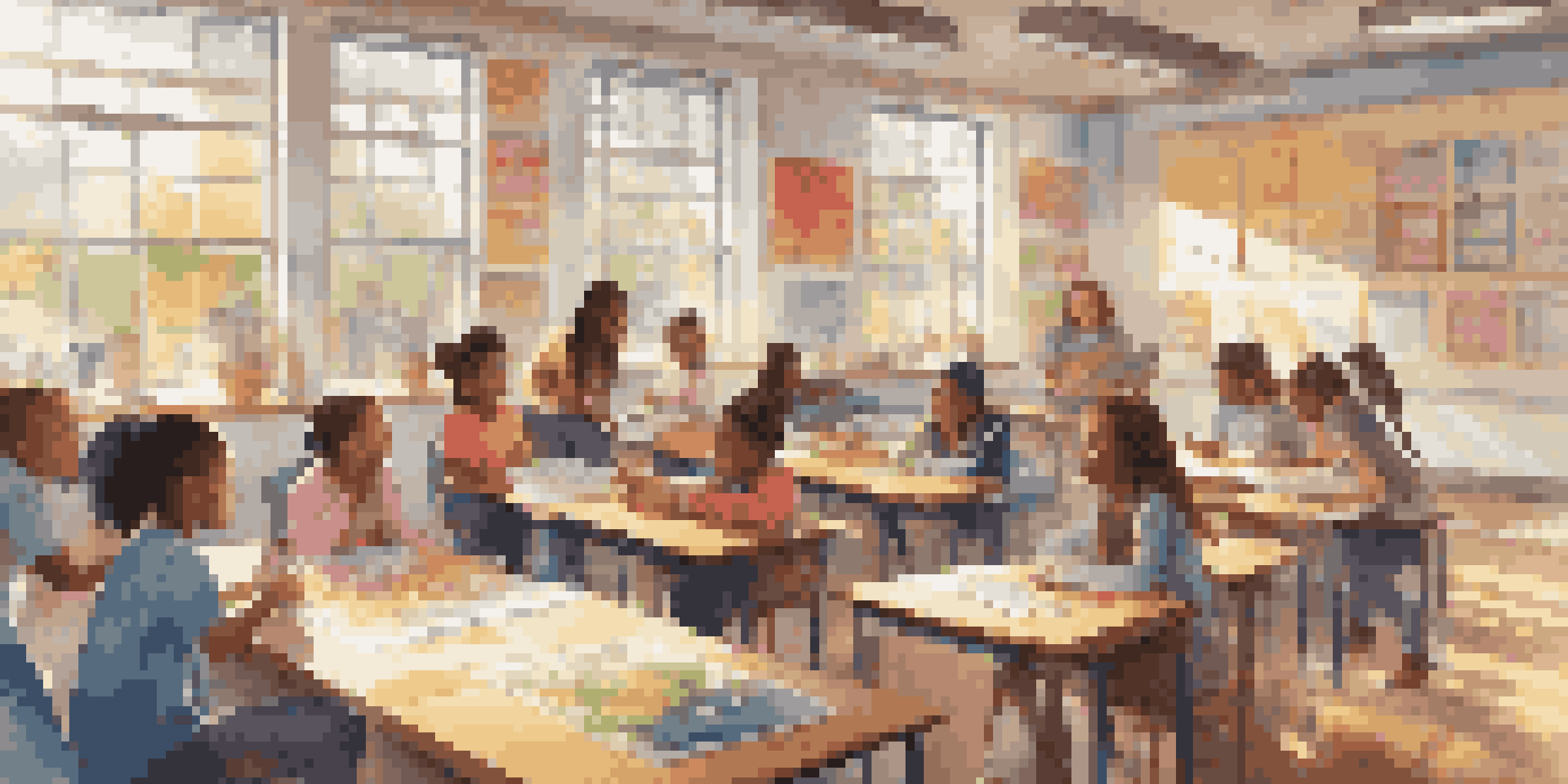 A lively classroom with students working together on projects under the guidance of a teacher, with sunlight filtering through the windows.