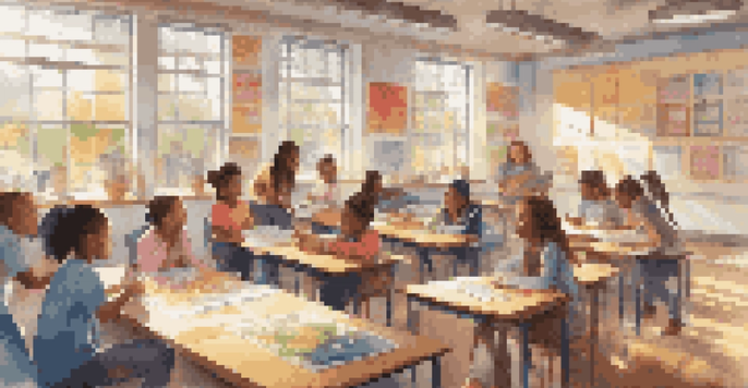 A lively classroom with students working together on projects under the guidance of a teacher, with sunlight filtering through the windows.