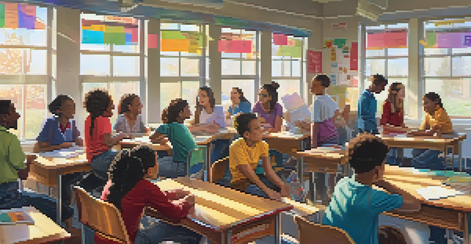 A classroom with diverse students working together on a project, illuminated by sunlight, with colorful posters on the walls.