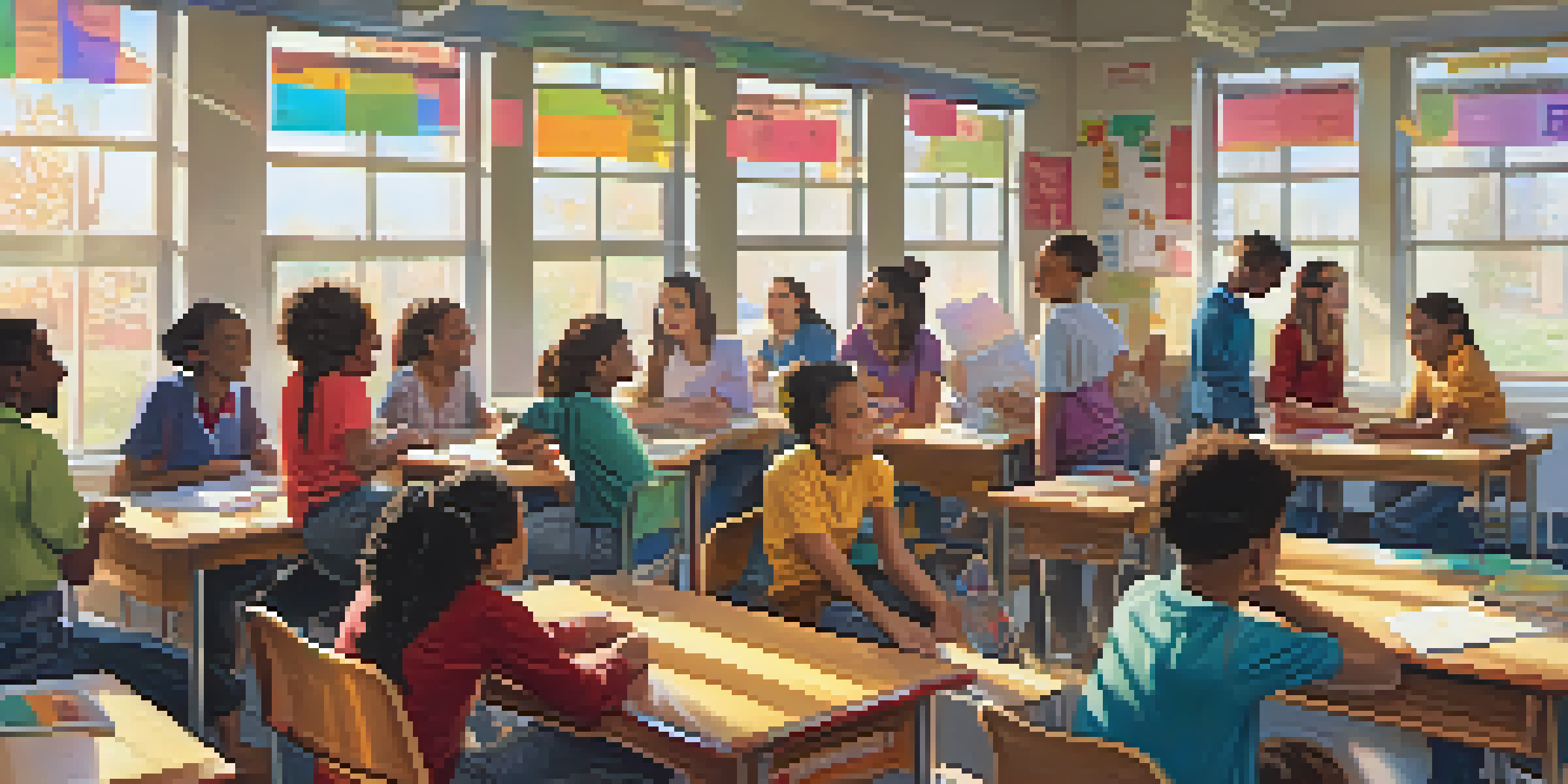 A classroom with diverse students working together on a project, illuminated by sunlight, with colorful posters on the walls.