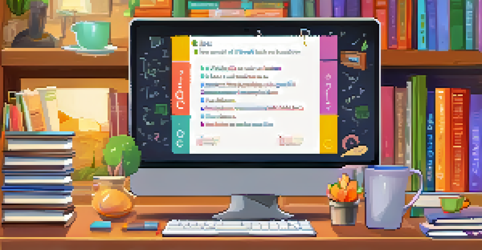 A computer screen showing a colorful interactive quiz, set in a cozy study space with books and a cup of coffee, reflecting an engaging learning atmosphere.