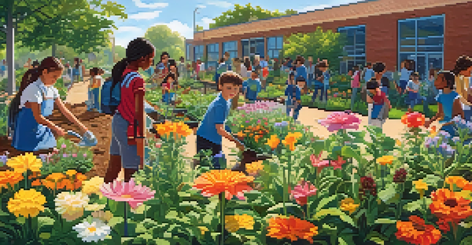 A colorful school garden with students planting and watering various plants under a sunny sky, surrounded by butterflies and flowers.